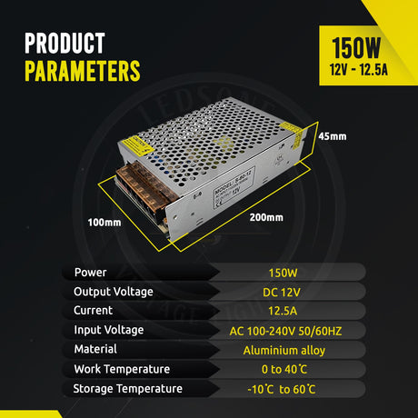 12V LED Driver 150W 12.5A Power Supply 110V-240V AC to 12V DC IP20 Transformer~3339-1