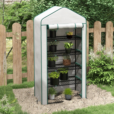 5 Tier Widened Mini Greenhouse w/ Reinforced PE Cover, Portable Green House w/ Roll-up Door & Wire Shelves, 193H x 90W x 49Dcm, White-1