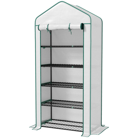 5 Tier Widened Mini Greenhouse w/ Reinforced PE Cover, Portable Green House w/ Roll-up Door & Wire Shelves, 193H x 90W x 49Dcm, White-0