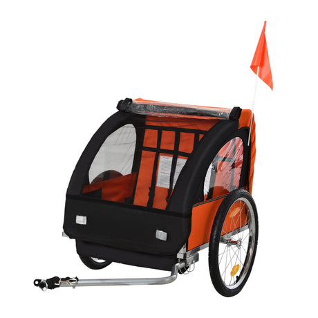 2 Seat Bike Trailer Bicycle wagon for Kids Child Steel Frame Safety Harness Seat Carrier Orange Black 130 x 76 x 88 cm-0
