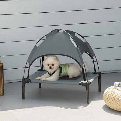 PawHut Elevated Dog Bed Waterproof Elevated Pet Cot with Breathable Mesh UV Protection Canopy Grey, for Small Dogs, 61 x 46 x 62cm-1