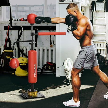 SPORTNOW 140-205cm Inflatable Punch Bag w/ Reaction Bar Challenge, Freestanding Punching Bag Training Equipment w/ Suction Cups, MMA Equipment, Red-1