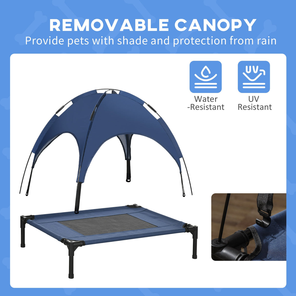 PawHut Raised Dog Bed Waterproof Elevated Pet Cot with Breathable Mesh UV Protection Canopy Blue, for Medium Dogs, 76 x 61 x 73cm-5