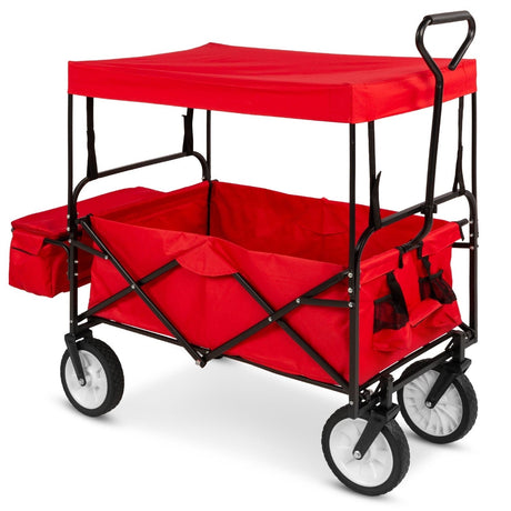 Collapsible Utility Wagon Cart Indoor/Outdoor with Canopy - Red-0