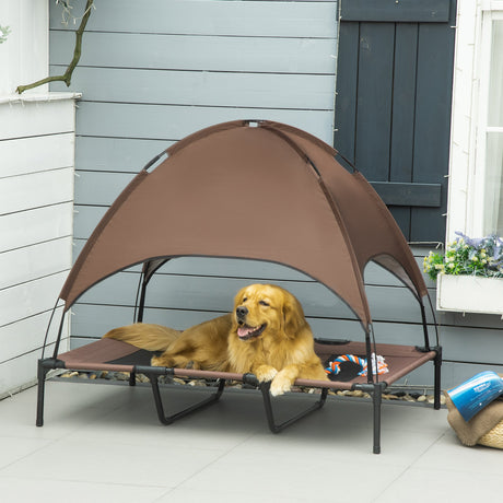 PawHut Raised Dog Bed Waterproof Elevated Pet Cot with Breathable Mesh UV Protection Canopy Coffee, for XXL Dogs, 122 x 92 x 108cm-1