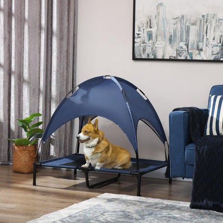 PawHut Raised Dog Bed Waterproof Elevated Pet Cot with Breathable Mesh UV Protection Canopy Blue, for Large Dogs, 92 x 76 x 90cm-1
