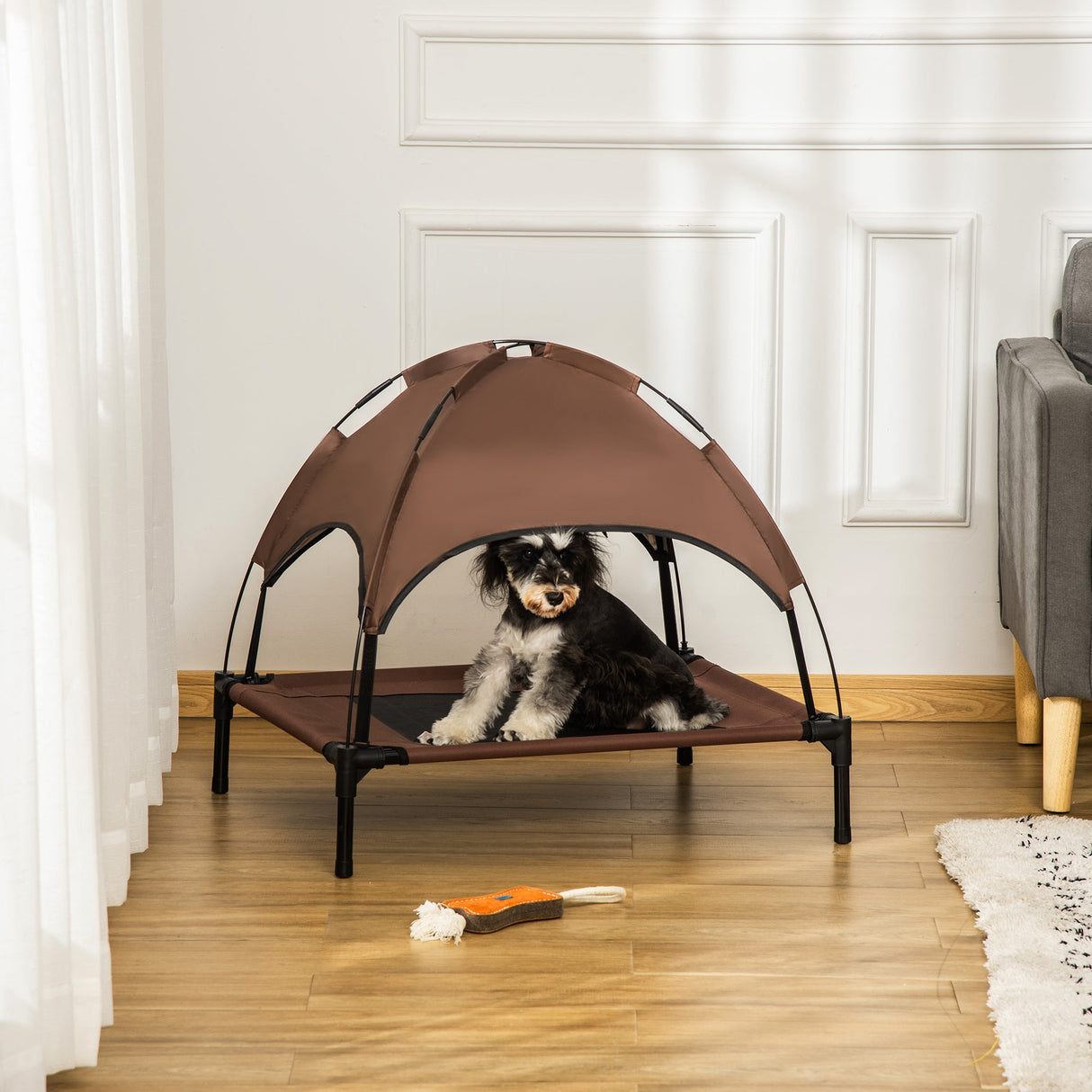 PawHut Raised Dog Bed Waterproof Elevated Pet Cot with Breathable Mesh UV Protection Canopy Coffee, for Medium Dogs, 76 x 61 x 73cm-1