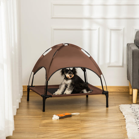 PawHut Raised Dog Bed Waterproof Elevated Pet Cot with Breathable Mesh UV Protection Canopy Coffee, for Medium Dogs, 76 x 61 x 73cm-1