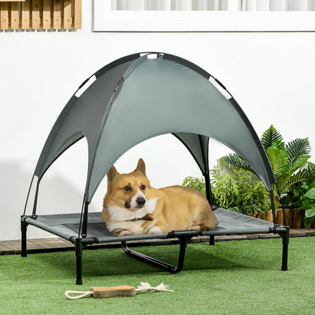 PawHut Raised Dog Bed Waterproof Elevated Pet Cot with Breathable Mesh UV Protection Canopy Grey, for Small & Medium Dogs, 92 x 76 x 90cm-1