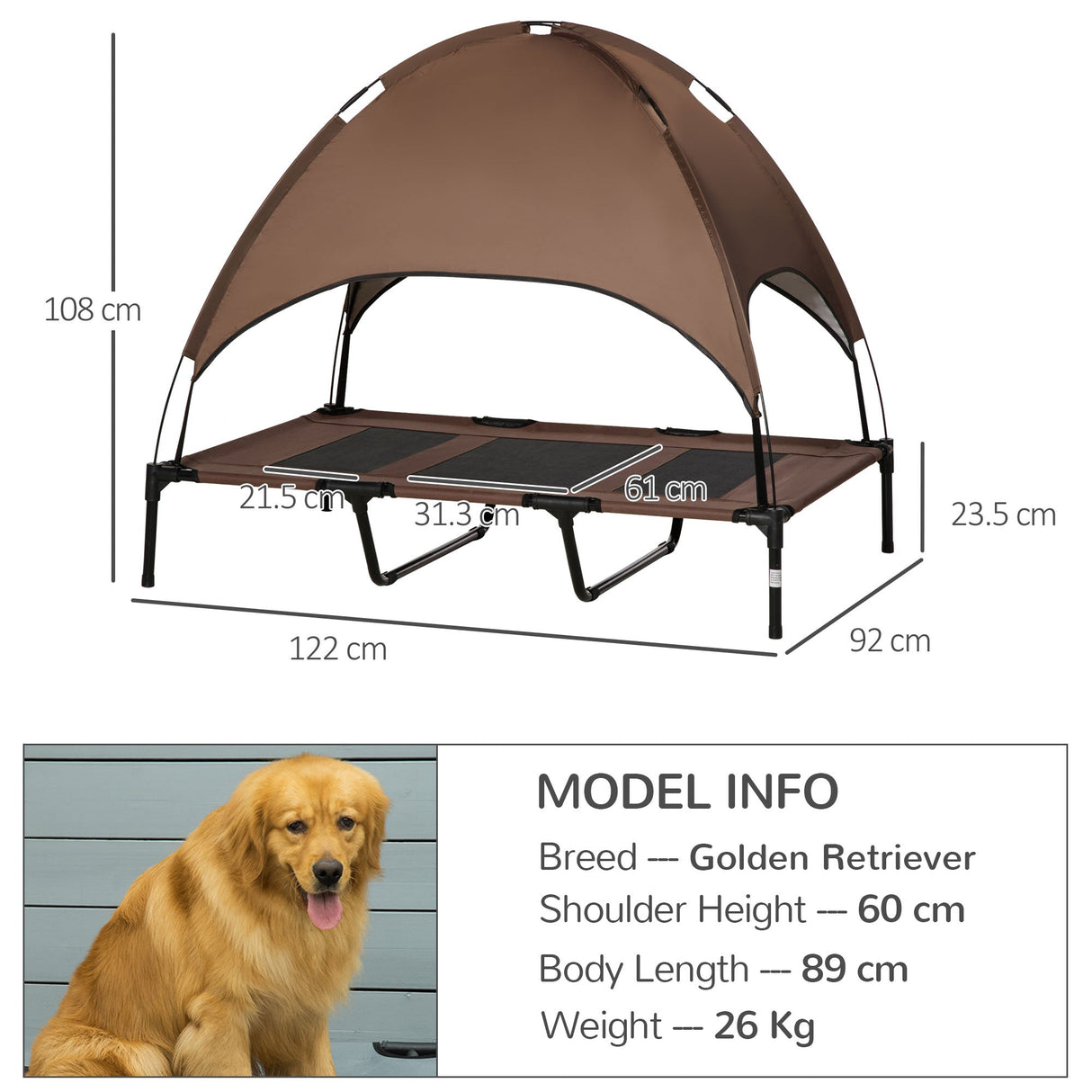 PawHut Raised Dog Bed Waterproof Elevated Pet Cot with Breathable Mesh UV Protection Canopy Coffee, for XXL Dogs, 122 x 92 x 108cm-2