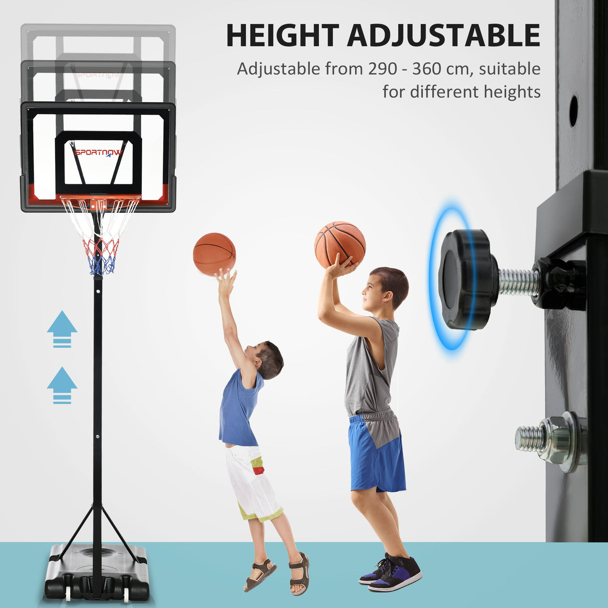 SPORTNOW 2.1-2.6m Adjustable Basketball Hoop and Basketball Stand w/ Sturdy Backboard and Weighted Base, Portable on Wheels-3