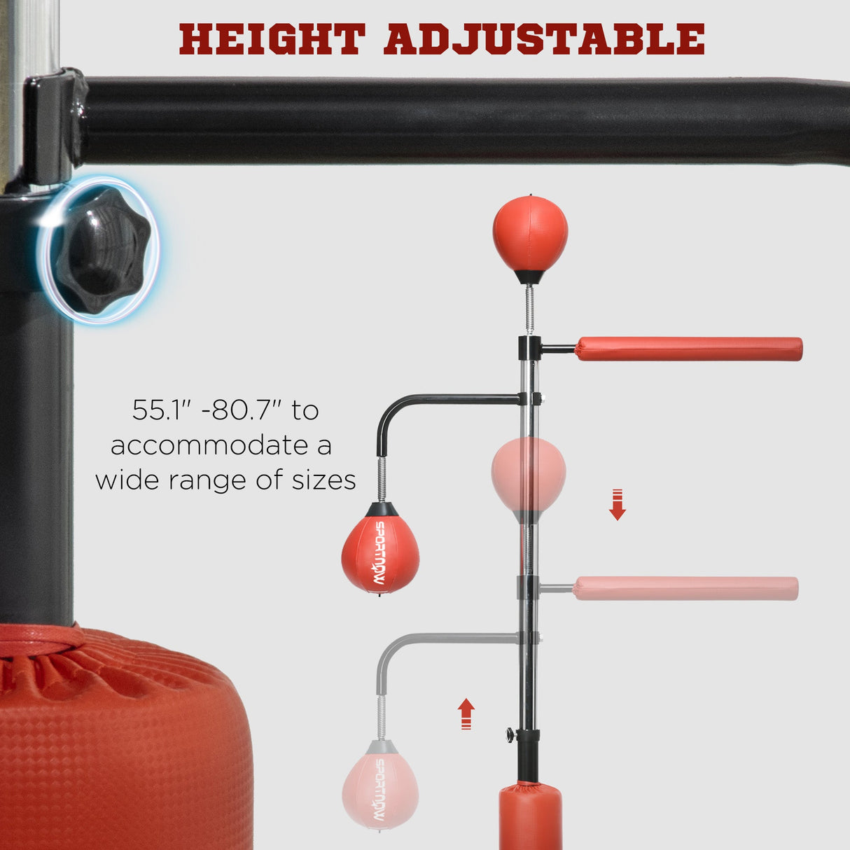 SPORTNOW 140-205cm Inflatable Punch Bag w/ Reaction Bar Challenge, Freestanding Punching Bag Training Equipment w/ Suction Cups, MMA Equipment, Red-4
