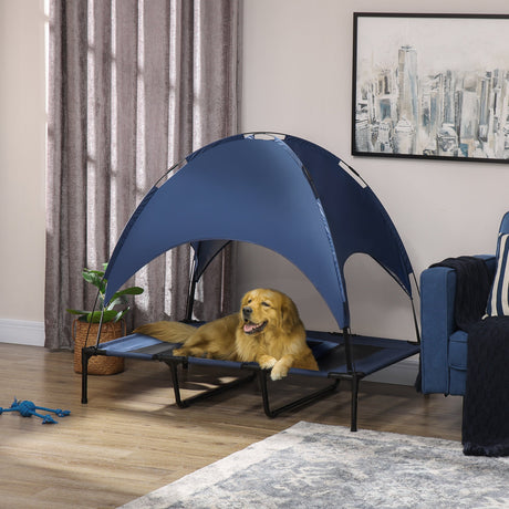 PawHut Raised Dog Bed Waterproof Elevated Pet Cot with Breathable Mesh UV Protection Canopy Blue, for XL Dogs, 122 x 92 x 108cm-1