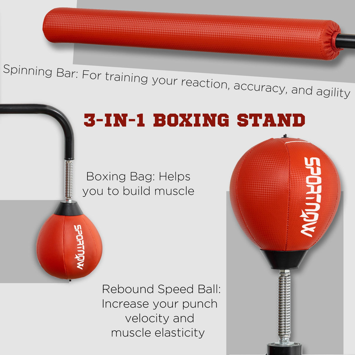 SPORTNOW 140-205cm Inflatable Punch Bag w/ Reaction Bar Challenge, Freestanding Punching Bag Training Equipment w/ Suction Cups, MMA Equipment, Red-3