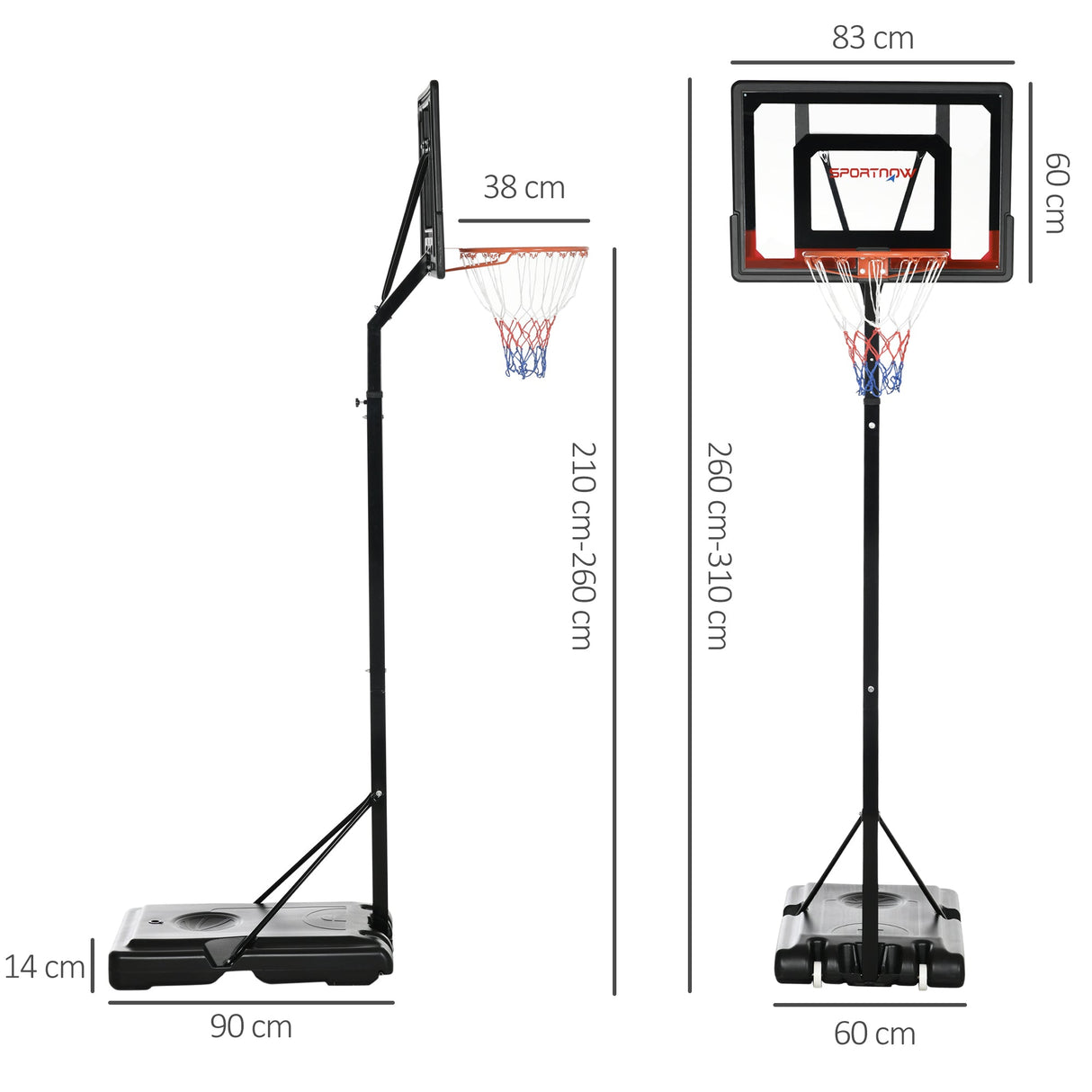 SPORTNOW 2.1-2.6m Adjustable Basketball Hoop and Basketball Stand w/ Sturdy Backboard and Weighted Base, Portable on Wheels-2
