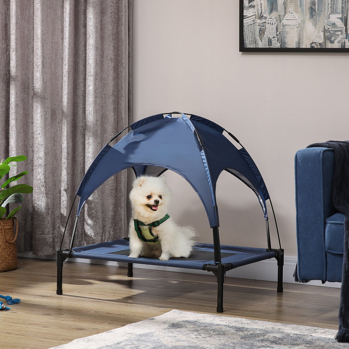 PawHut Raised Dog Bed Waterproof Elevated Pet Cot with Breathable Mesh UV Protection Canopy Blue, for Medium Dogs, 76 x 61 x 73cm-1