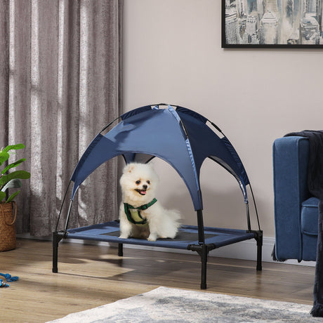 PawHut Raised Dog Bed Waterproof Elevated Pet Cot with Breathable Mesh UV Protection Canopy Blue, for Medium Dogs, 76 x 61 x 73cm-1