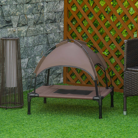 PawHut Raised Dog Bed Waterproof Elevated Pet Cot with Breathable Mesh UV Protection Canopy Coffee, for Small Dogs, 61 x 46 x 62cm-1