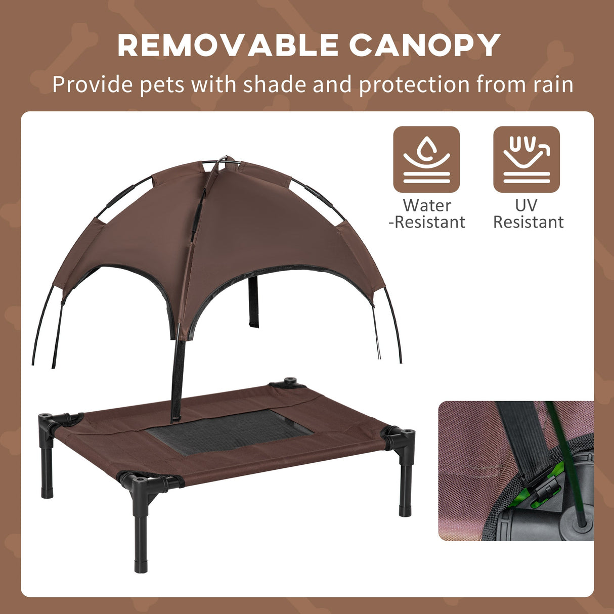 PawHut Raised Dog Bed Waterproof Elevated Pet Cot with Breathable Mesh UV Protection Canopy Coffee, for Small Dogs, 61 x 46 x 62cm-5