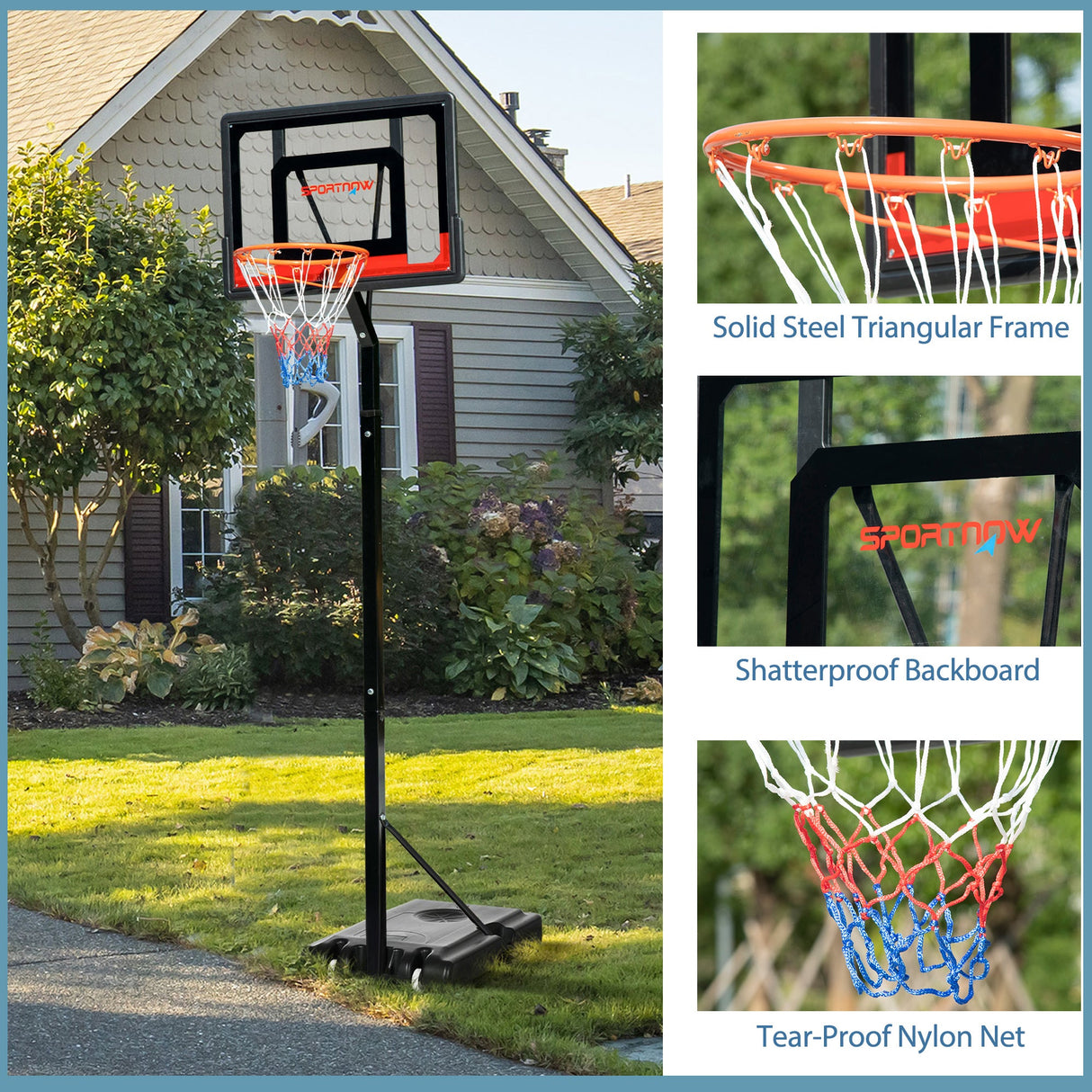 SPORTNOW 2.1-2.6m Adjustable Basketball Hoop and Basketball Stand w/ Sturdy Backboard and Weighted Base, Portable on Wheels-6