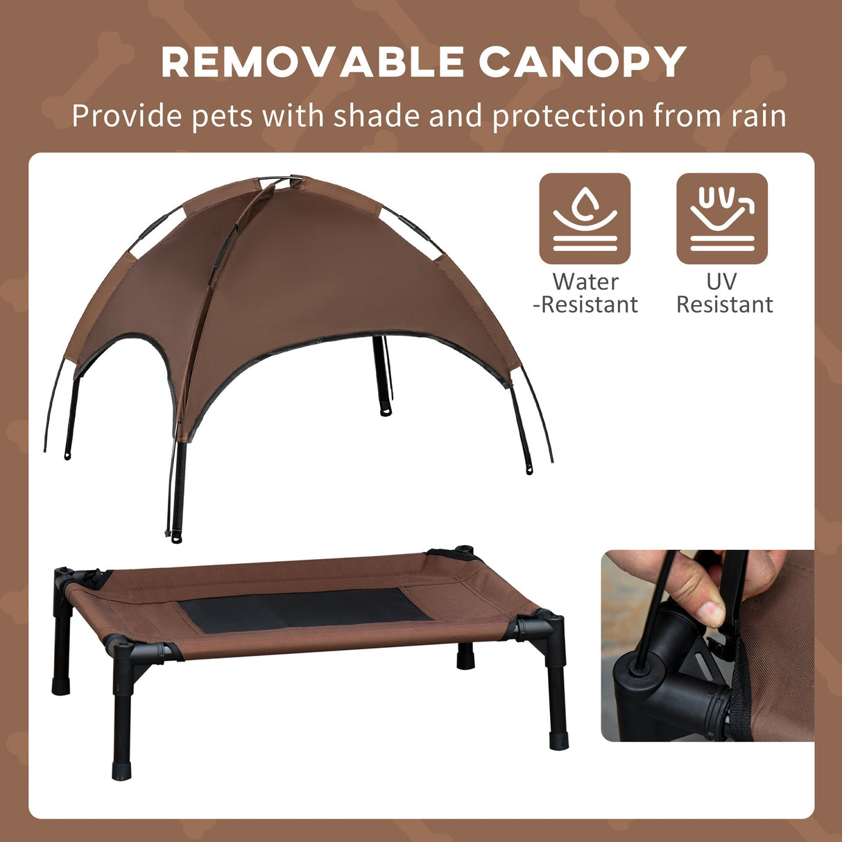 PawHut Raised Dog Bed Waterproof Elevated Pet Cot with Breathable Mesh UV Protection Canopy Coffee, for Medium Dogs, 76 x 61 x 73cm-5
