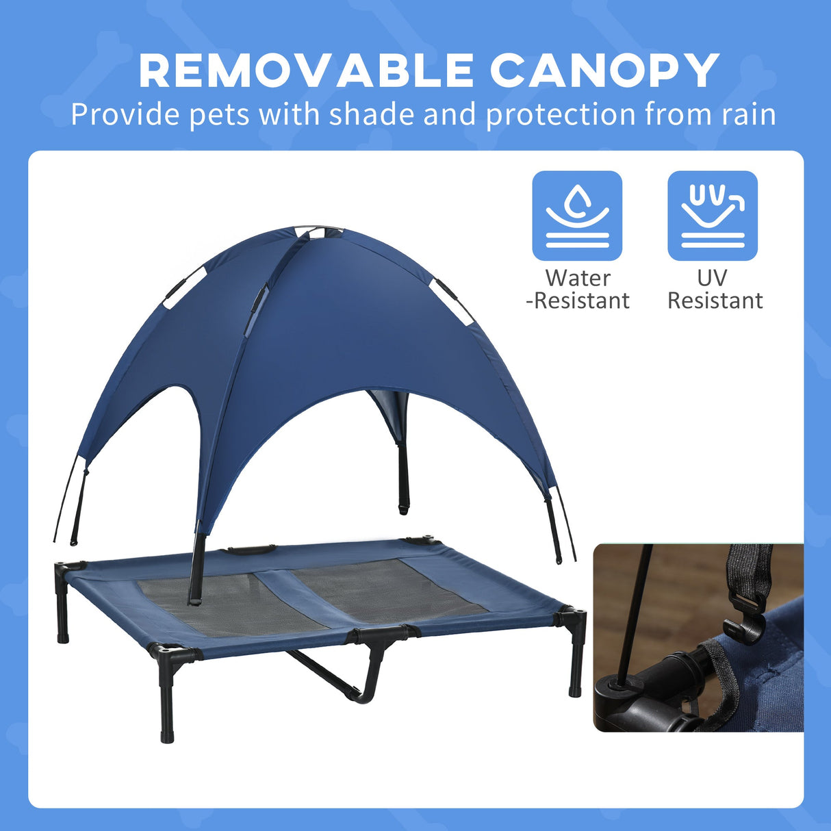 PawHut Raised Dog Bed Waterproof Elevated Pet Cot with Breathable Mesh UV Protection Canopy Blue, for Large Dogs, 92 x 76 x 90cm-5