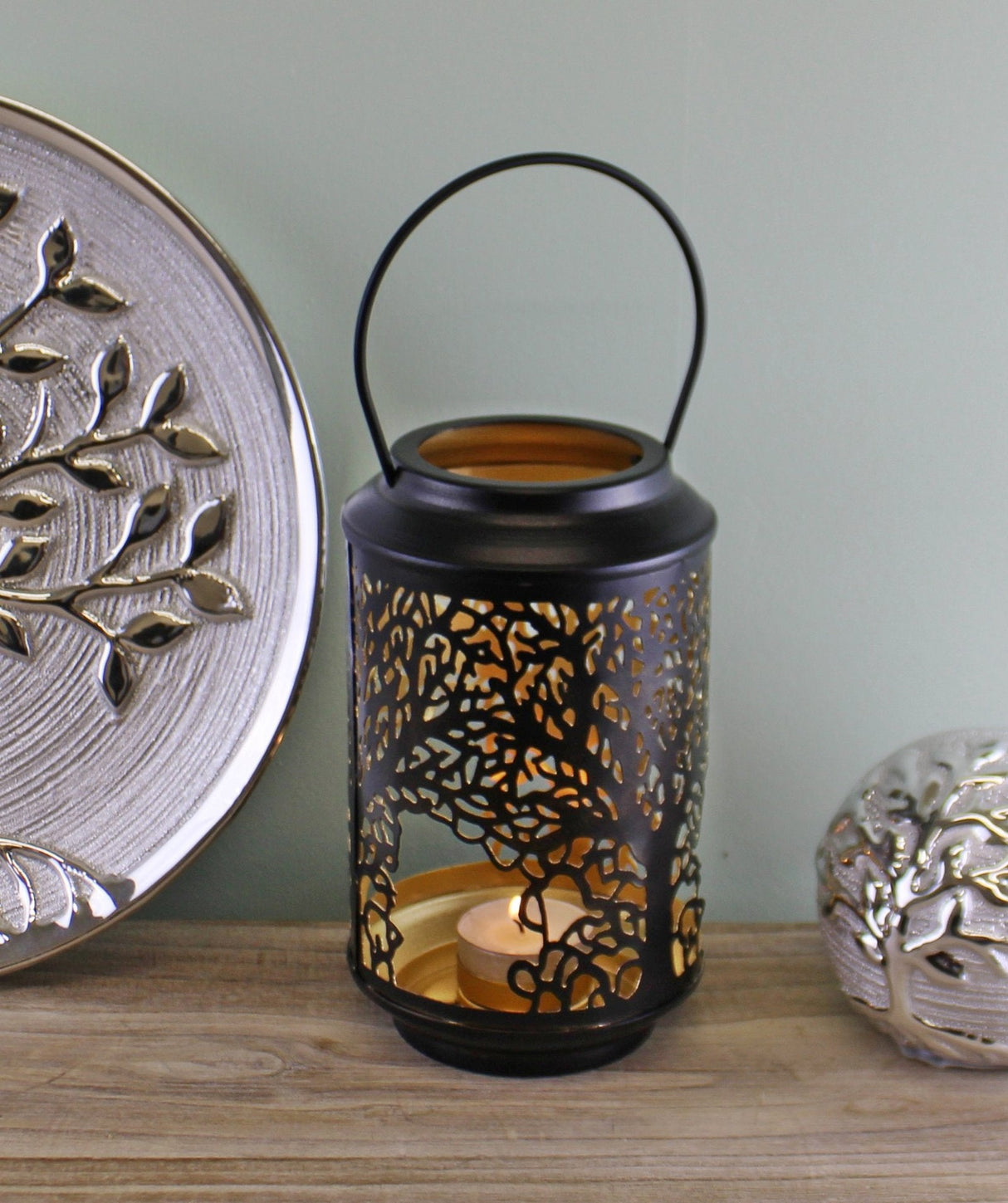 Small Tree Of Life Cutout Design Black Candle Lantern-1